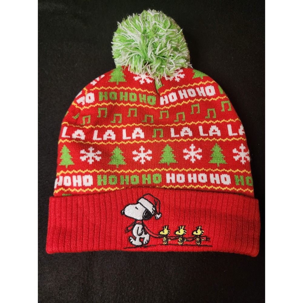 Peanuts Snoopy Woodstock Christmas Beanie Hat Red Fair Isle Pom Pom BE042023